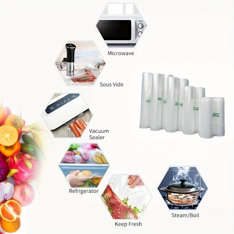 2 Rolls of Vacuum Bags for food preservation, featuring Food Savor bags and vacuum packaging for use with vacuum sealer machines. Also suitable for Sous Vide cooking, these Home Kitchen Supplies include Kitchen Accessories for convenient food storage.