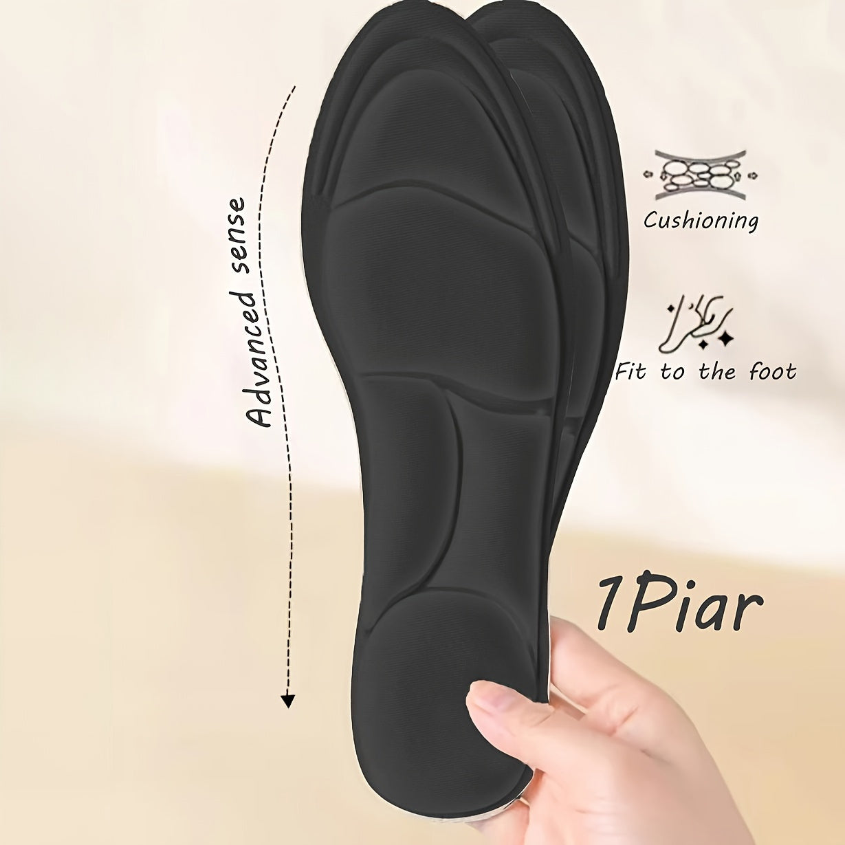 Unisex black polyester sports insoles with shock absorption, sweat absorption, and odor prevention. Lightstep Feel Comfortplus 5D technology for soft, breathable, and lightweight all-day