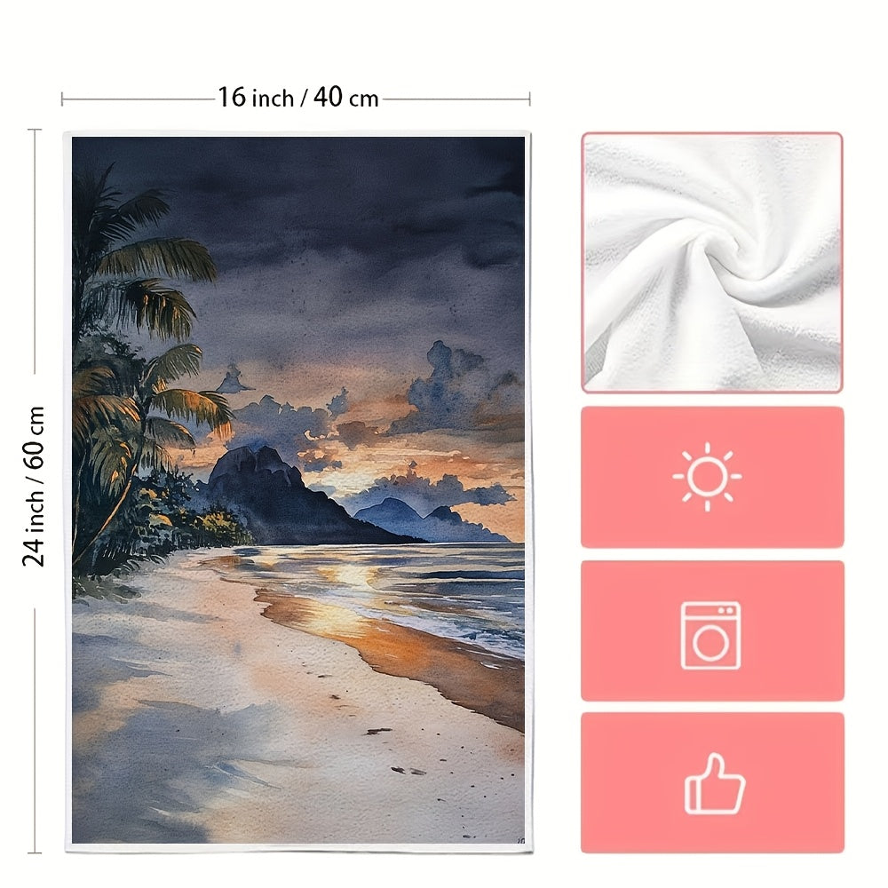 Set of 2 Ultra Soft Kitchen Towels featuring a Tropical Beach Sunset Scene. These towels are highly absorbent and machine washable, measuring 40.64x60.96 cm. Perfect for holiday decor and as dish towels.