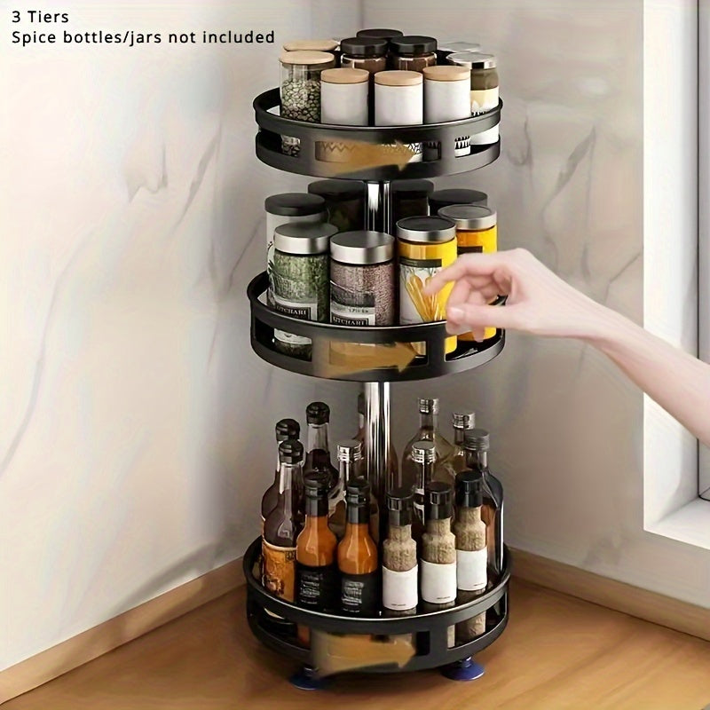 Round 3-Tier Rotating Storage Rack for Kitchen - Versatile Organizer for Spices, Cosmetics, Salt, Sauce, and Vinegar!