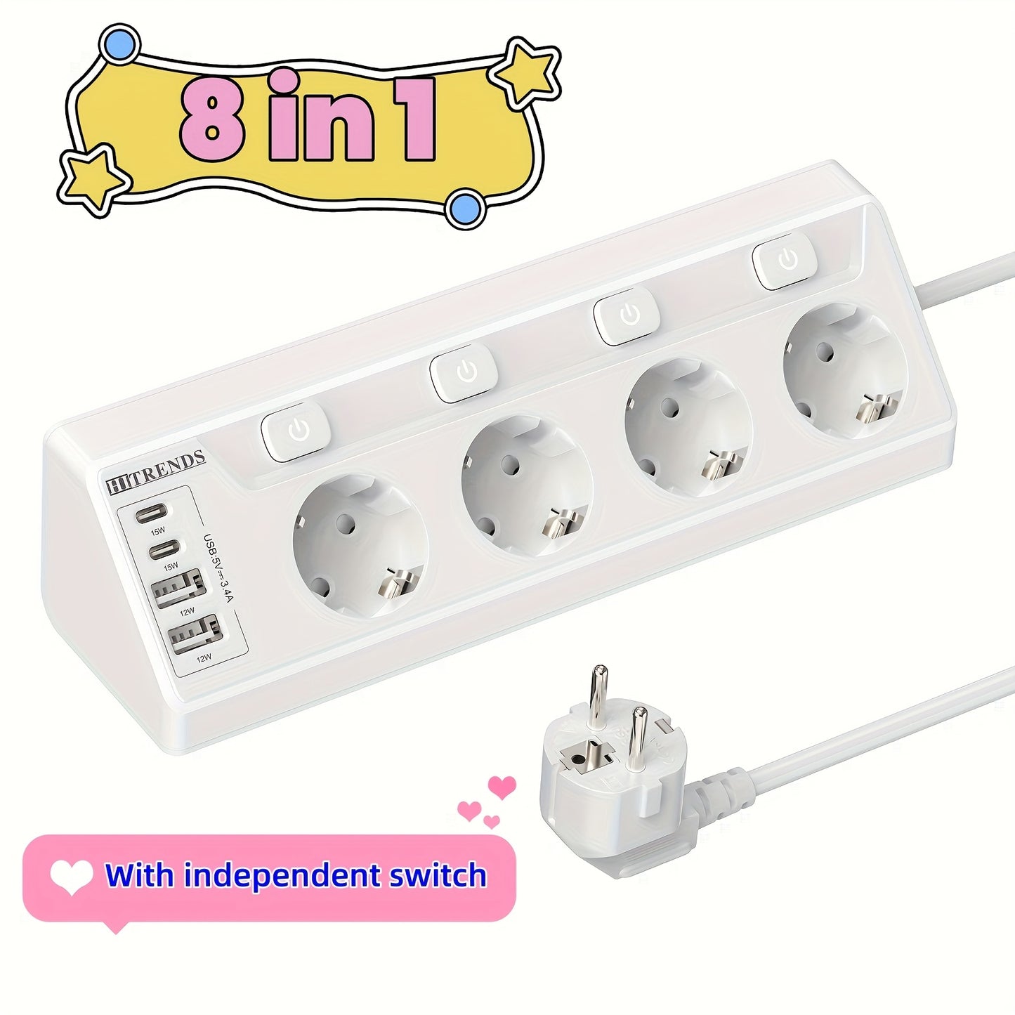 HITRENDS 4-port corner power strip with USB-C and USB-A ports, European standard plug, 220-240V AC, rectangle shape, on/off switch. Ideal for home and office use.