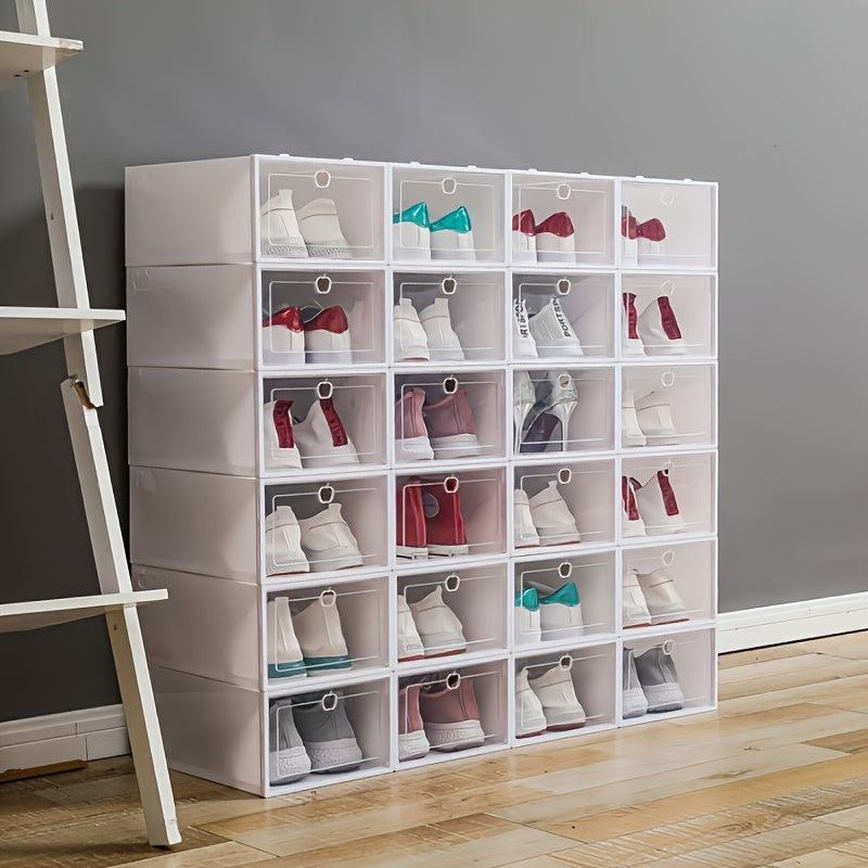 Set of 12 Large White Shoe Boxes, Transparent Plastic Storage Containers, Versatile Shoe Organizer for Dorm Rooms, Maximizes Space, Stackable Design, Easy Access Flip-Top Lid, Not Waterproof, Ideal for Home & Kitchen Organization