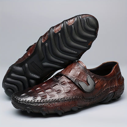 Men's Croc Effect Loafer Shoes with Hook and Loop Fastener, Comfy Non-slip Slip On Footwear.