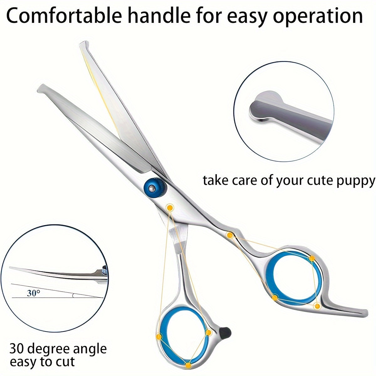 6-piece set of stainless steel pet grooming scissors for professional use at home on dogs and cats with universal hand orientation.