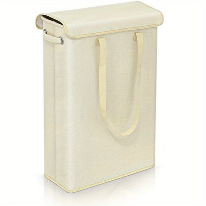 Tall, slim laundry hamper with lid and handles for bathroom, bedroom, or dorm organization. Made of waterproof linen fabric.