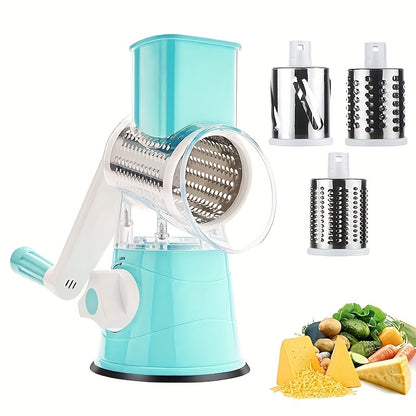 Three-in-One manual cheese and vegetable grater made of durable plastic with interchangeable shaving rollers, suitable for kitchen, camping, and RV use. Easy to use, rustproof, and easy to