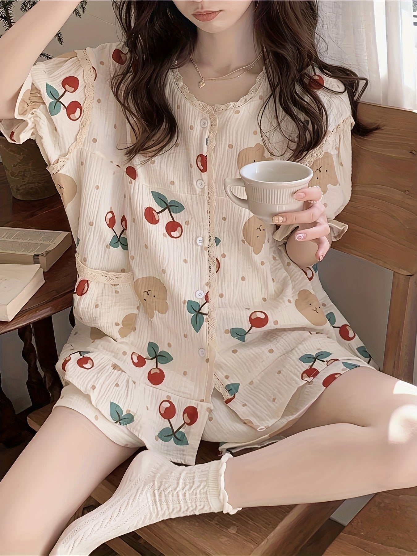 Cherry and Bear and Dot Print Lace Trim Pajama Set with Puff Sleeve Top and Elastic Shorts for Women.