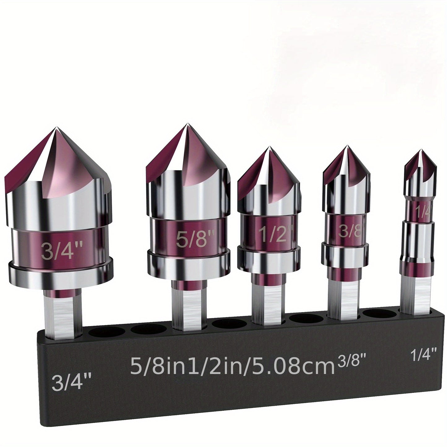 5-piece M35 Cobalt Countersink Drill Bit Set with 82° Angle and 1/4" Hex Shank. Versatile for Metal, Wood, and Plastic. Sizes include 1/4", 3/8", 1/2", 5/8" with holder.