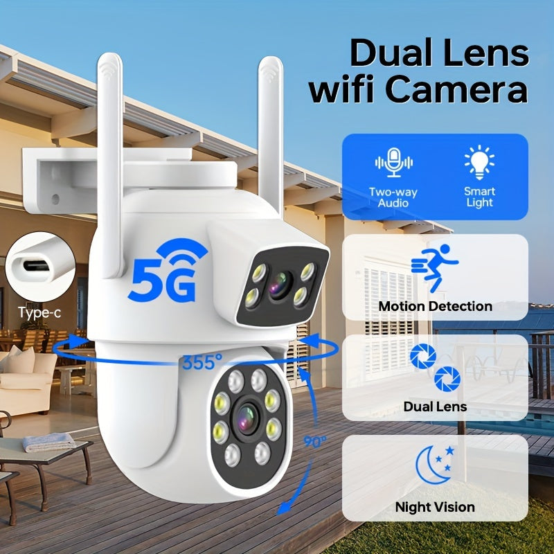 Outdoor Security Camera with Dual Lenses, 4MP WiFi Surveillance Camera for Home, Pan/Tilt Functionality, Dual Band 2.4G/5GHz, Color Night Vision, AI Human Tracking, Two-Way Communication