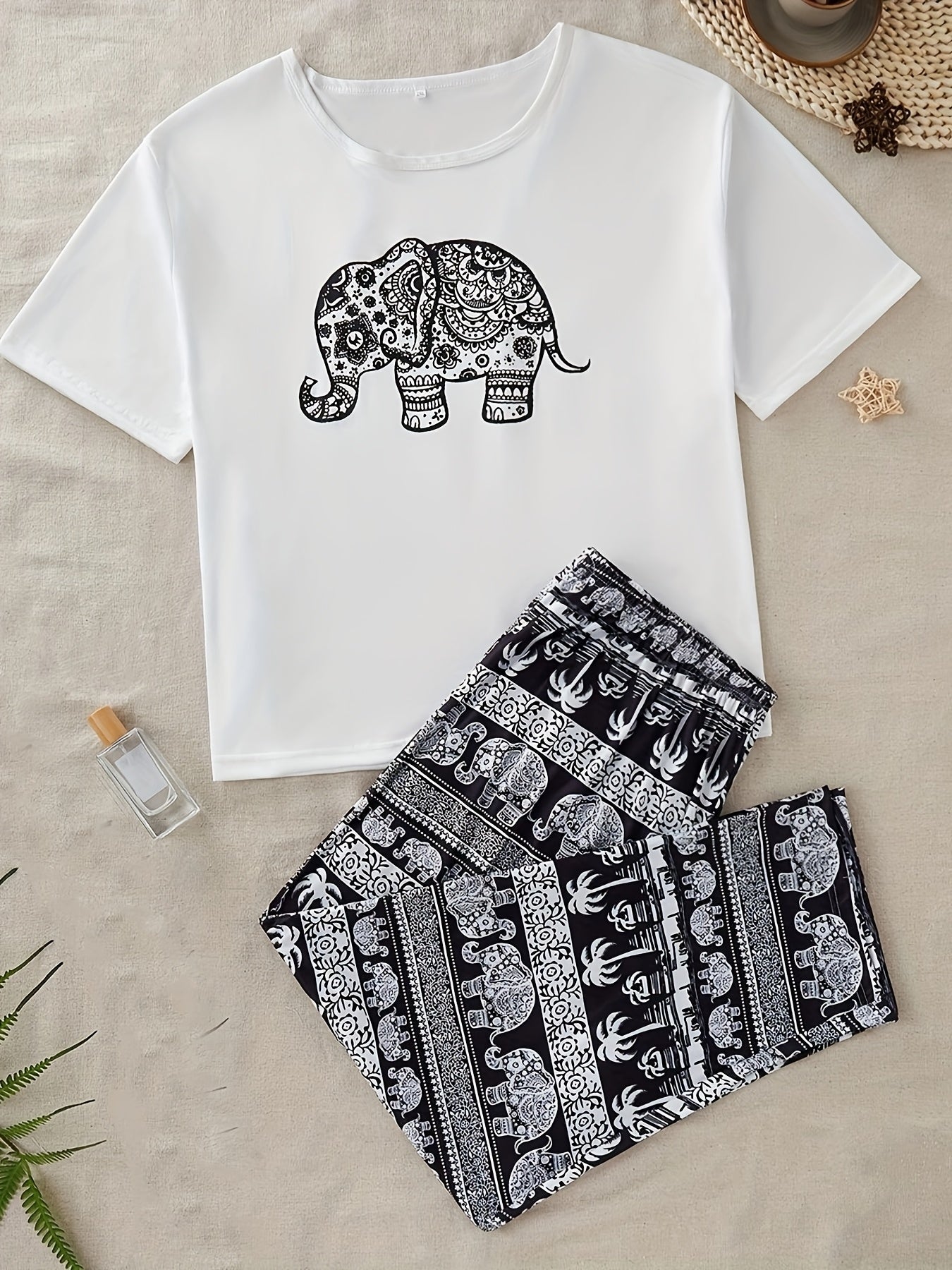 Elephant print top and long pants pajama set