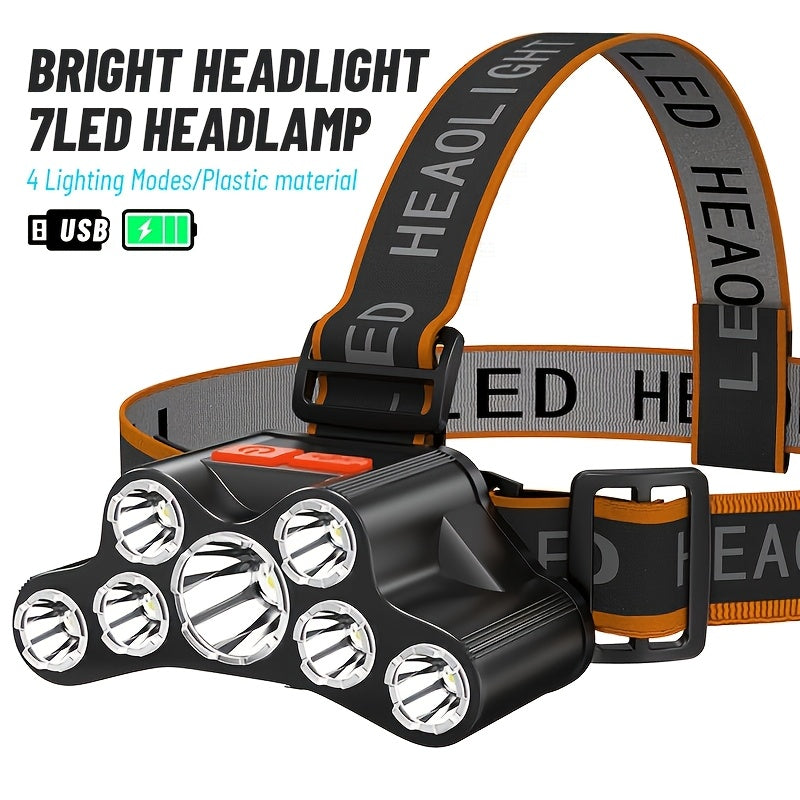 1pc 7LED Headlamp with Adjustable Angle, 4 Lighting Modes, USB Rechargeable Flashlight for Hands Free Use in Emergencies, Home, Hiking, and Running. Also suitable for Stage Lighting.