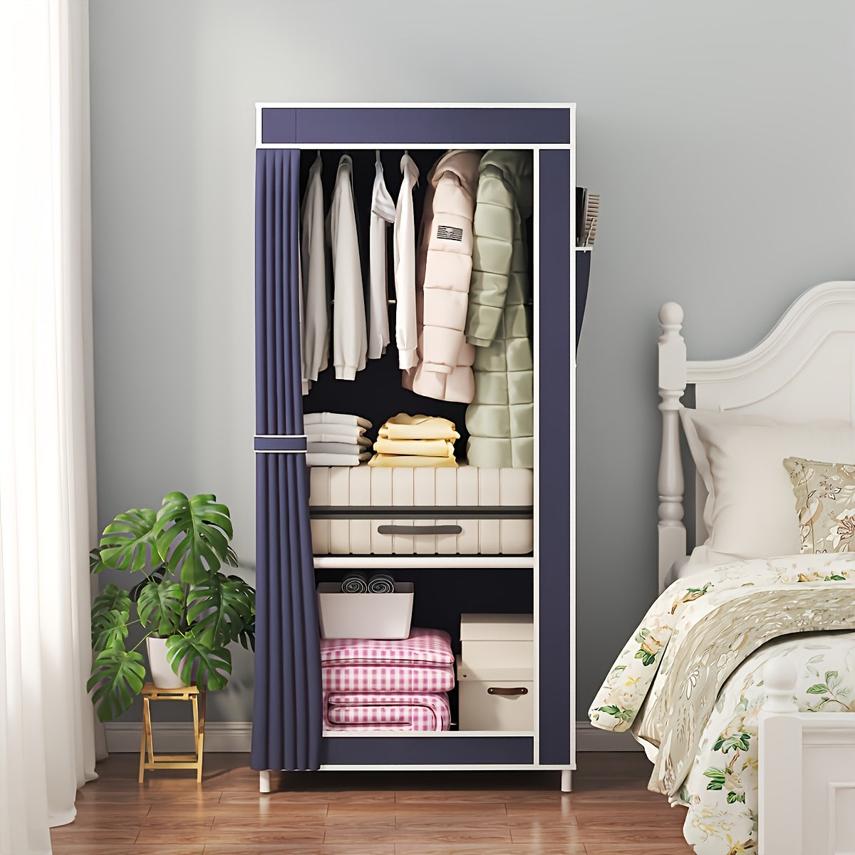 Compact metal wardrobe with over 3.2 cu. ft. capacity for easy assembly and space-saving storage in bedroom, home, or dorm.