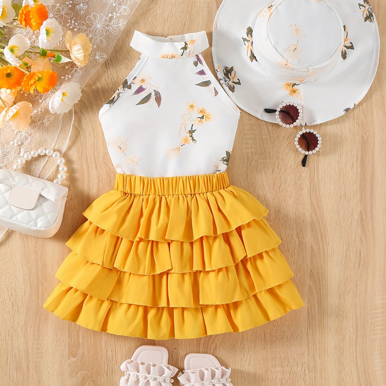 Floral garter top, layered skirt, and hat for young girls.