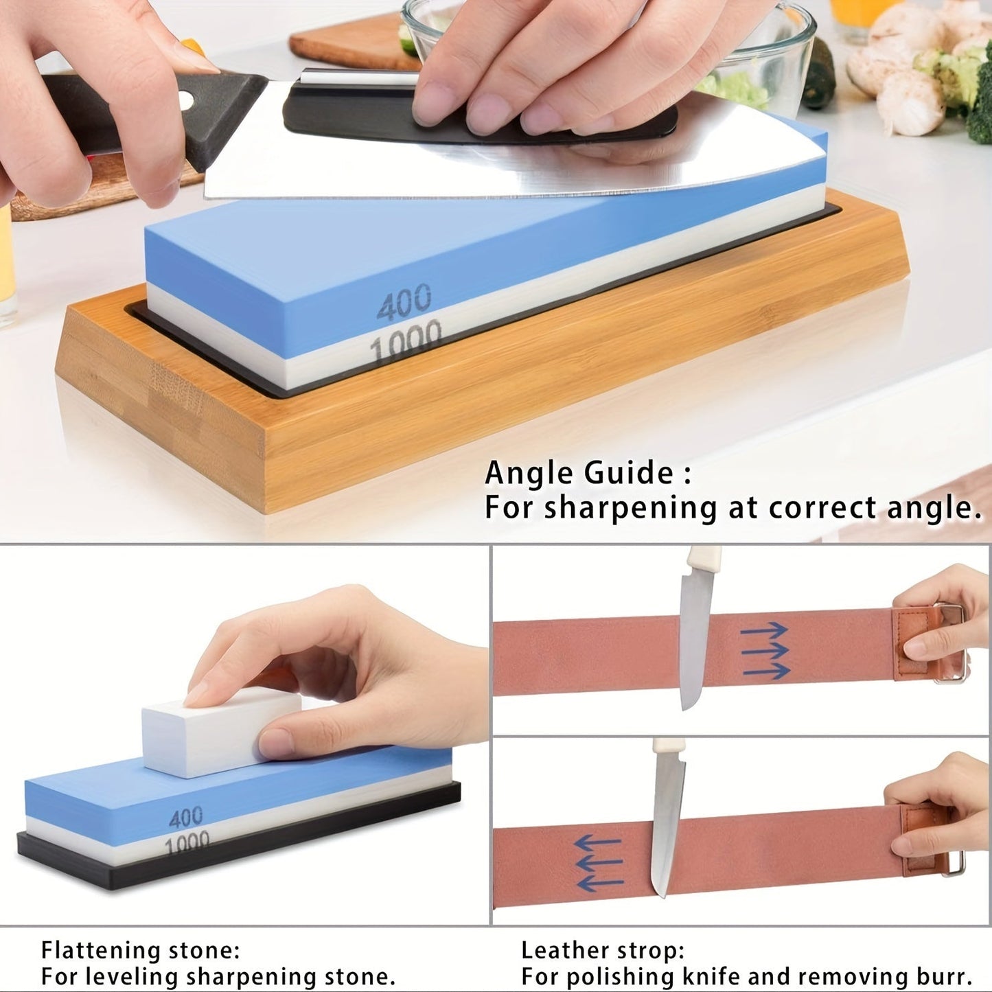 Knife sharpening kit includes 8 pieces, complete with a whetstone, bamboo holder, angle guide, and faux leather strop. Ideal for use in the kitchen and dining room.