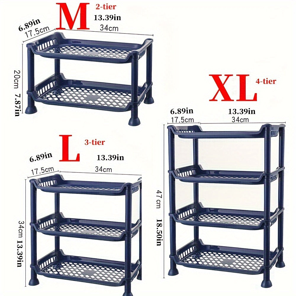 Plastic bathroom vanity organizer shelf for makeup, toiletries, and sundries storage in the bathroom.