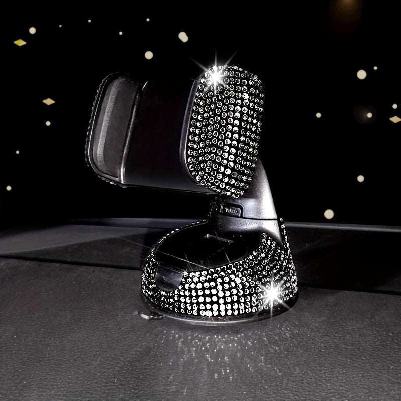 Luxury Rhinestone-Encrusted Car Phone Holder with Sparkling Crystals, Multi-Functional, Rotating Suction Cup Mount for Dashboard & Air Vent in Various Vehicles.