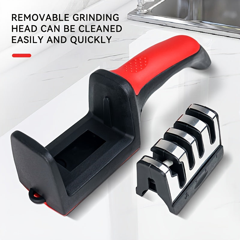 Professional 4-stage kitchen knife sharpener with tungsten, diamond, and ceramic stones.