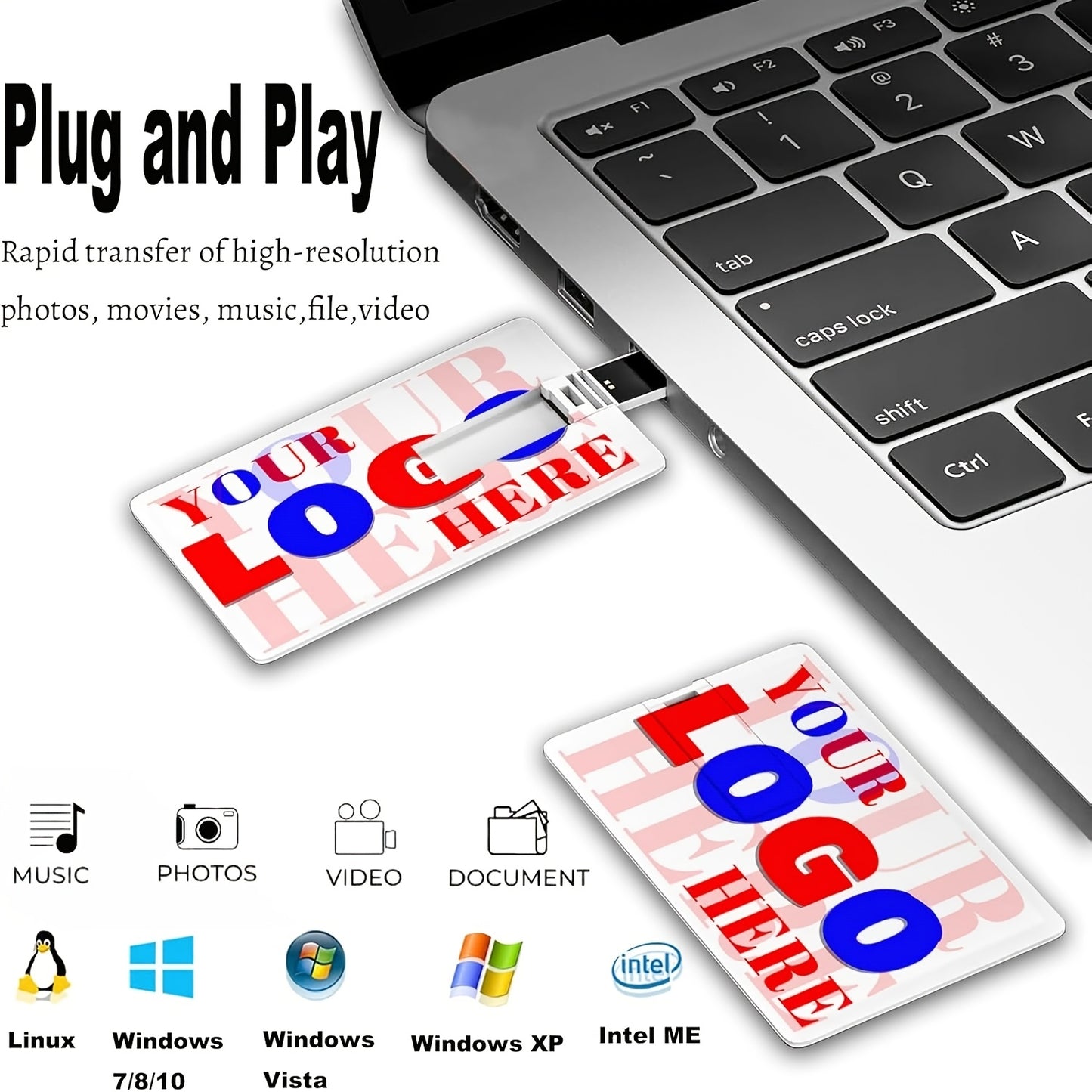 5 LUCKINHAND Customizable USB Flash Drives with Personalized Text, available in 16G/32G/4G/8G storage capacity, made of durable white plastic with blue and red accents. Custom USB Cards