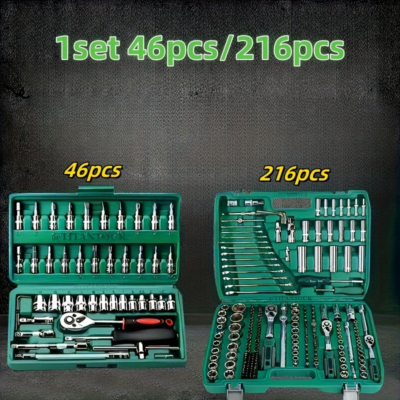 46-piece professional wheel tool set for advanced car repair, made of chrome vanadium steel. Includes quick wheel nut wrench, torque wrench, screwdriver, and portable green toolbox. Ideal