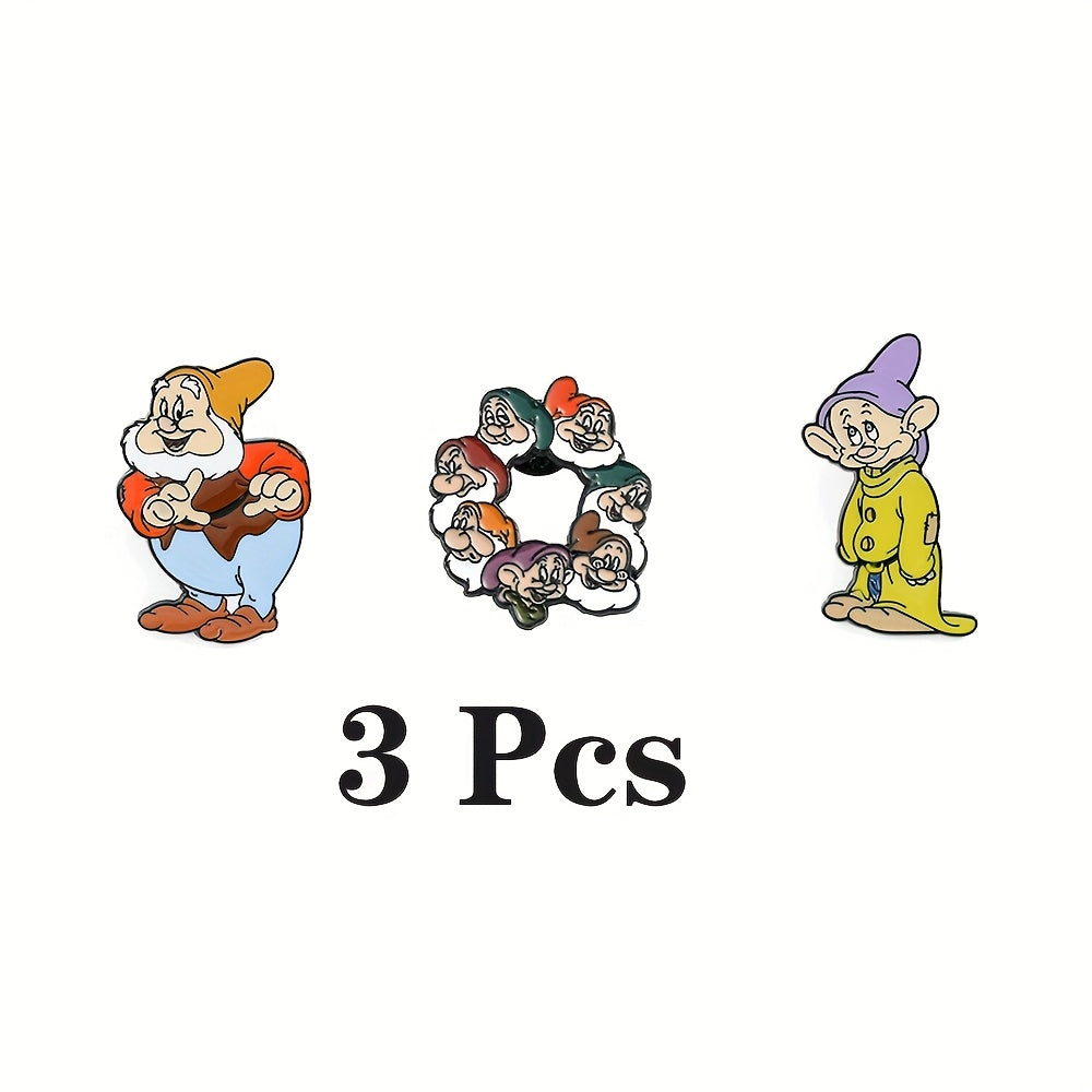 Three Disney Seven Dwarfs Enamel Pins featuring adorable cartoon characters, made from Zinc Alloy. These metal badges are perfect for adding a touch of whimsy to clothing and backpacks. They make an ideal Christmas gift or party accessory, suitable for