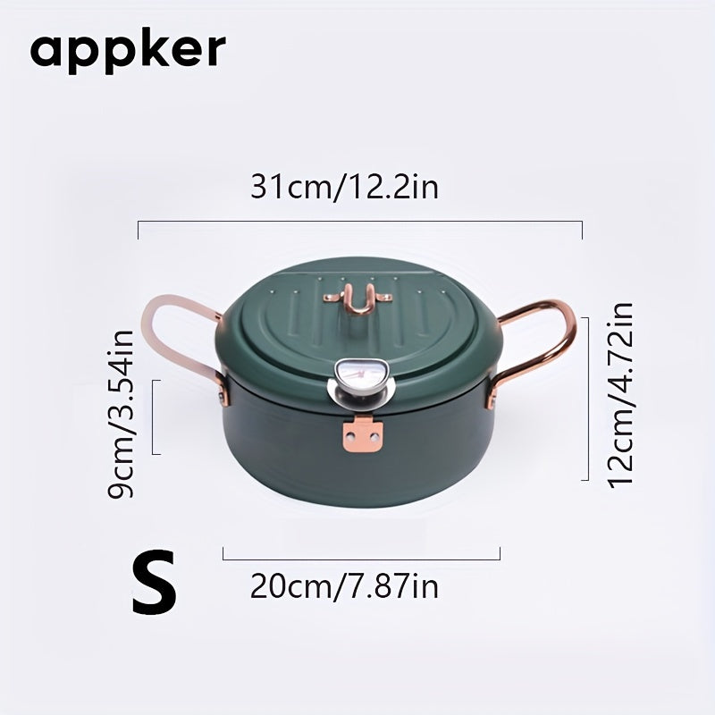 Japanese tempura fryer for easy frying, featuring a Fahrenheit thermometer and non-stick carbon steel construction. Ideal for tempura, chicken, fish, and shrimp. This large green pan is easy to clean and comes with a lid and oil drip drain rack. Perfect