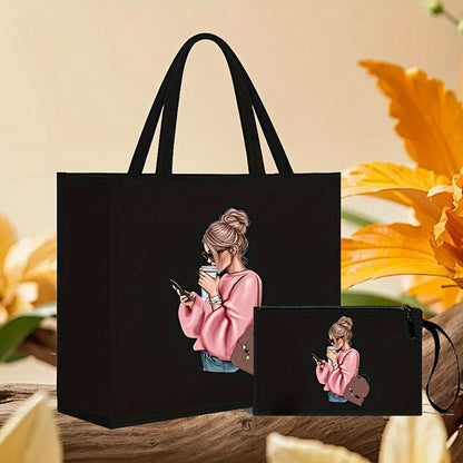 Women's tote bag set with coin purse, featuring cute girl print on black faux leather. Magnetic closure with fixed straps and faux leather lining.