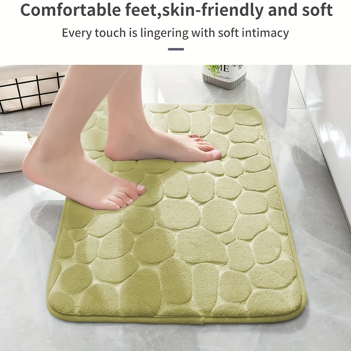 Upgrade your bathroom decor with our luxurious Ultra-Soft Memory Foam Bath Mat featuring Pebble Embossing. This quick absorbent and washable mat is non-slip and perfect for showers, bathrooms, kitchens, and even as a bedspread. The stylish gray with blue