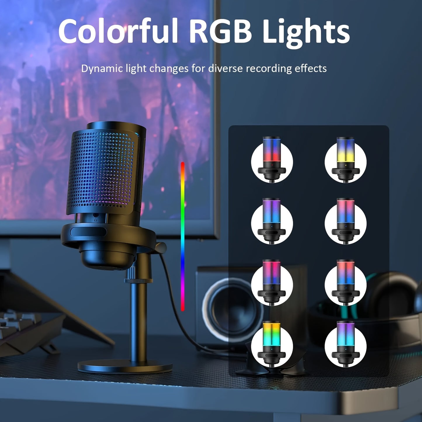 Professional USB condenser microphone with RGB lighting suitable for gaming, streaming, recording, and karaoke on PC, Mac, and various gaming consoles and phones.