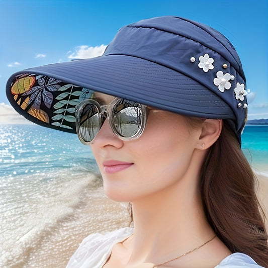 Korean-style women's sun hat with UV protection, foldable, breathable polyester visor for outdoor activities and beach.