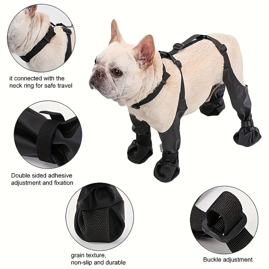 Durable, adjustable waterproof dog boots with warm linings and reflective safety features. Machine washable, suitable for all seasons and all size breeds. Designed for outdoor use with