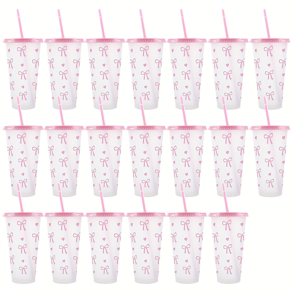 BPA-Free plastic water cups with lids and straws in heart and bow print. Leak-proof and reusable for outdoor events. Great for gifts on special occasions.