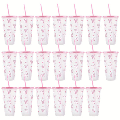 BPA-Free plastic water cups with lids and straws in heart and bow print. Leak-proof and reusable for outdoor events. Great for gifts on special occasions.