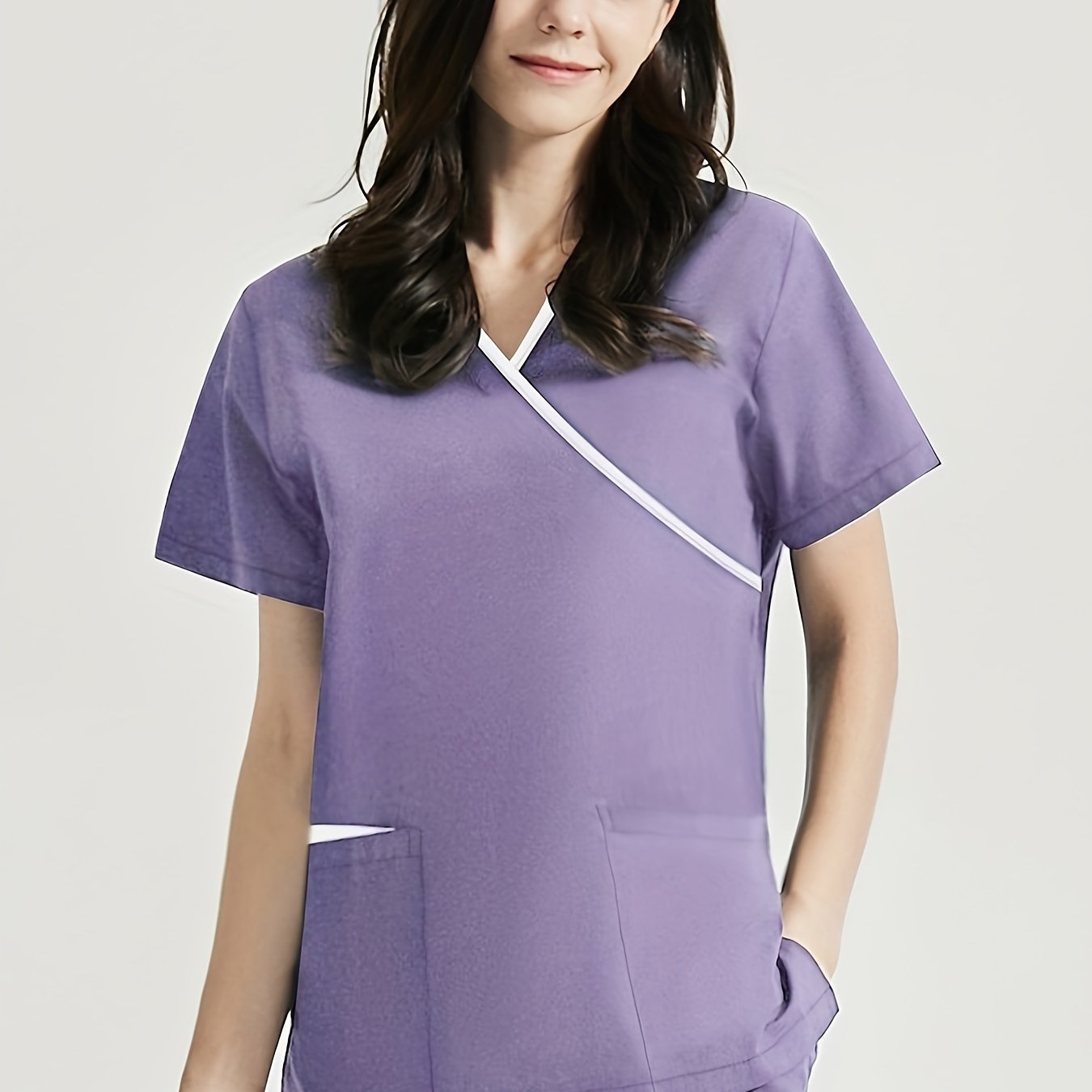 Medical Care Scrub Set with Contrast Trim, V Neck Short Sleeve Top & Pants, Women's Outfits