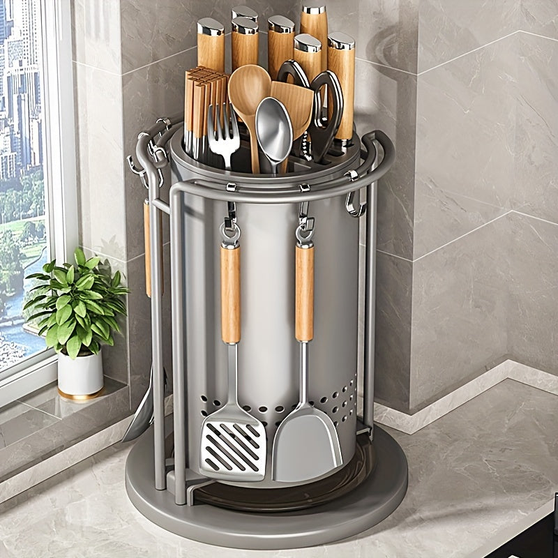 Kitchen Knife Block Set with Rotating Utensil Holder - Organize Your Cooking Tools in Style! This Multi-Functional Carbon Steel Storage Solution Saves Space for Knives, Spoons, Spatulas, and Chopsticks.