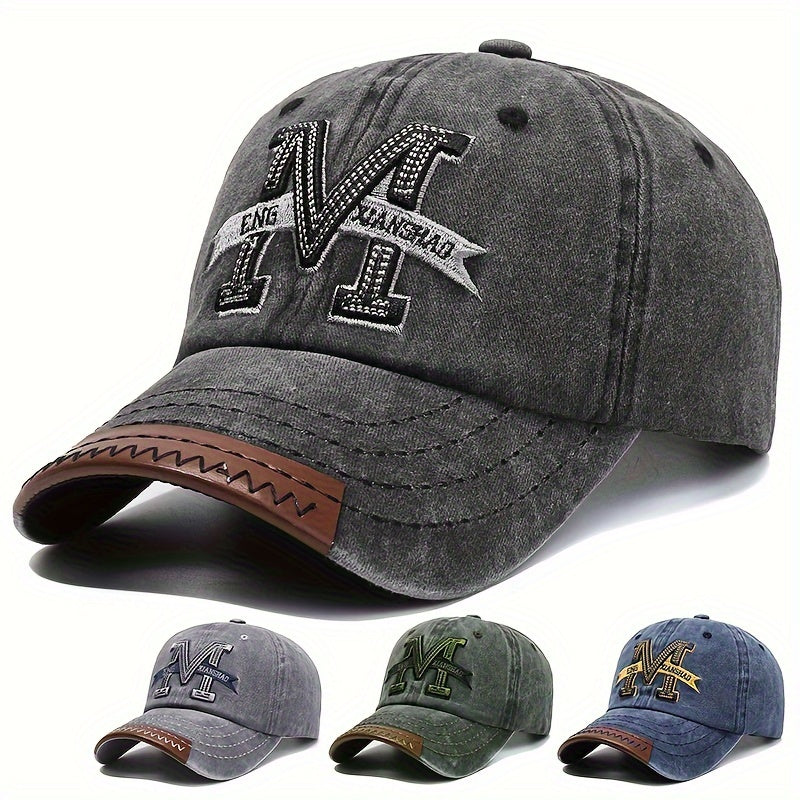 Spring and autumn retro washed denim duckbill cap with old letter M embroidery for men and women.