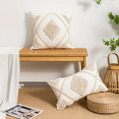 Bohemian geometric pillow cover featuring hemp rope & velvet embroidery - perfect for bedroom, living room, or sofa decor. Square design in beige with jute detailing.