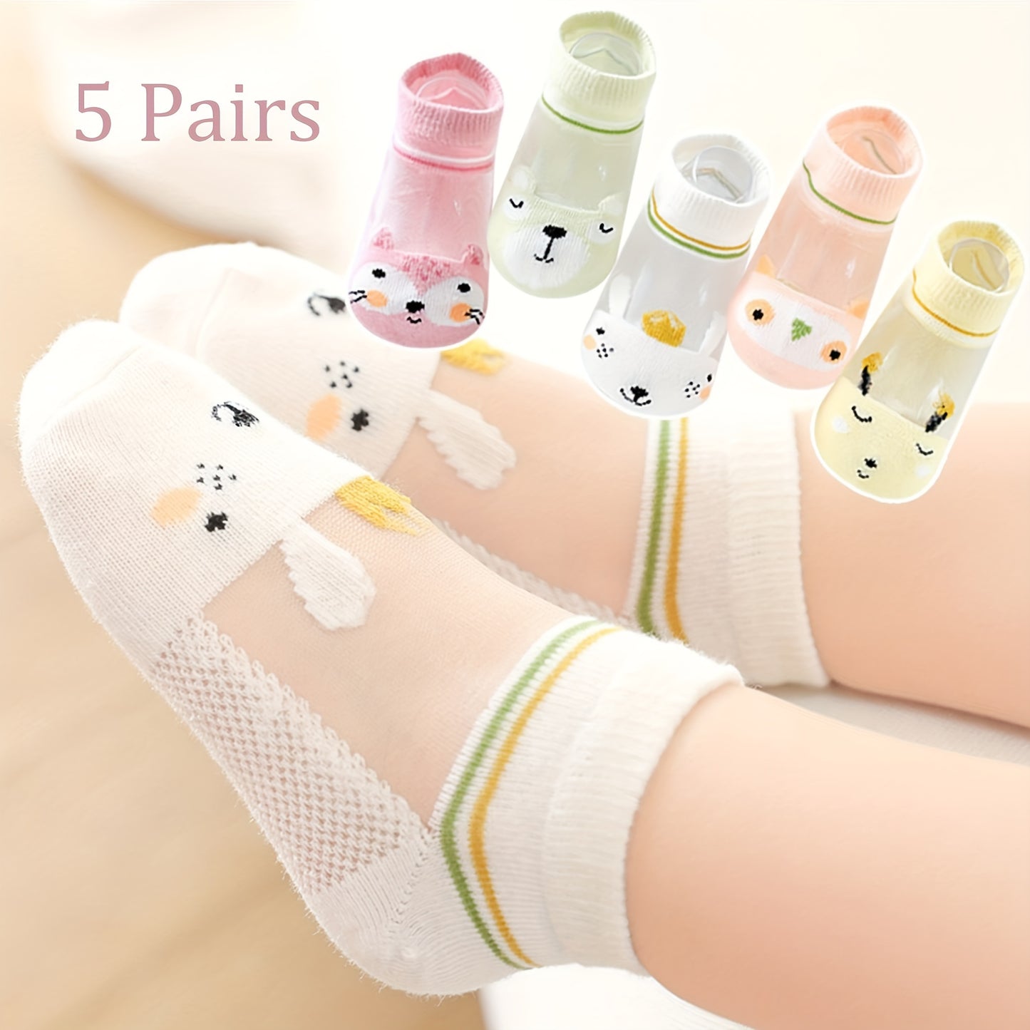 Kids' 5 pairs of thin mesh breathable socks with cartoon designs for spring and summer.