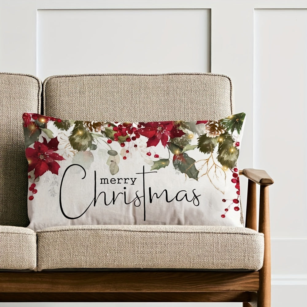 Festive farmhouse style Christmas throw pillow cover suitable for beds, chairs, and sofas. Features contemporary design, machine washable woven polyester material with zip closure. Measures 50.8cm x 127.0cm.