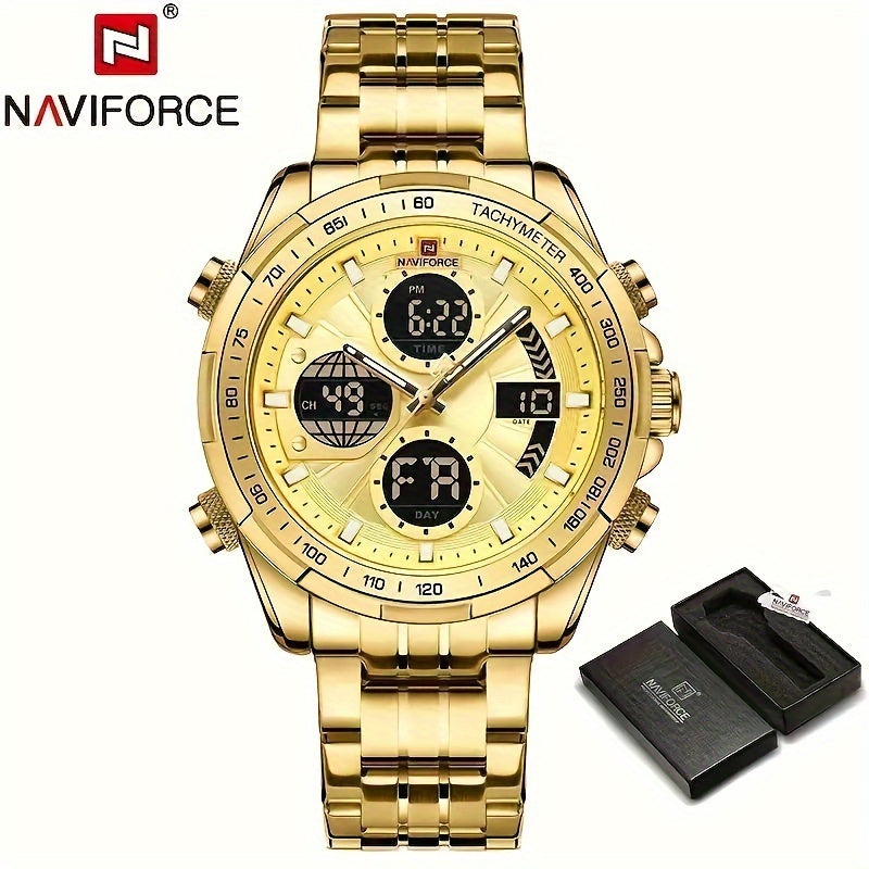 NAVIFORCE Men's Luxury Sports Quartz Watch - Waterproof, Genuine Leather Strap, Dual Display with Date & Chronograph Functions, Stainless Steel Case, Green Accents, Tachymeter Equipped