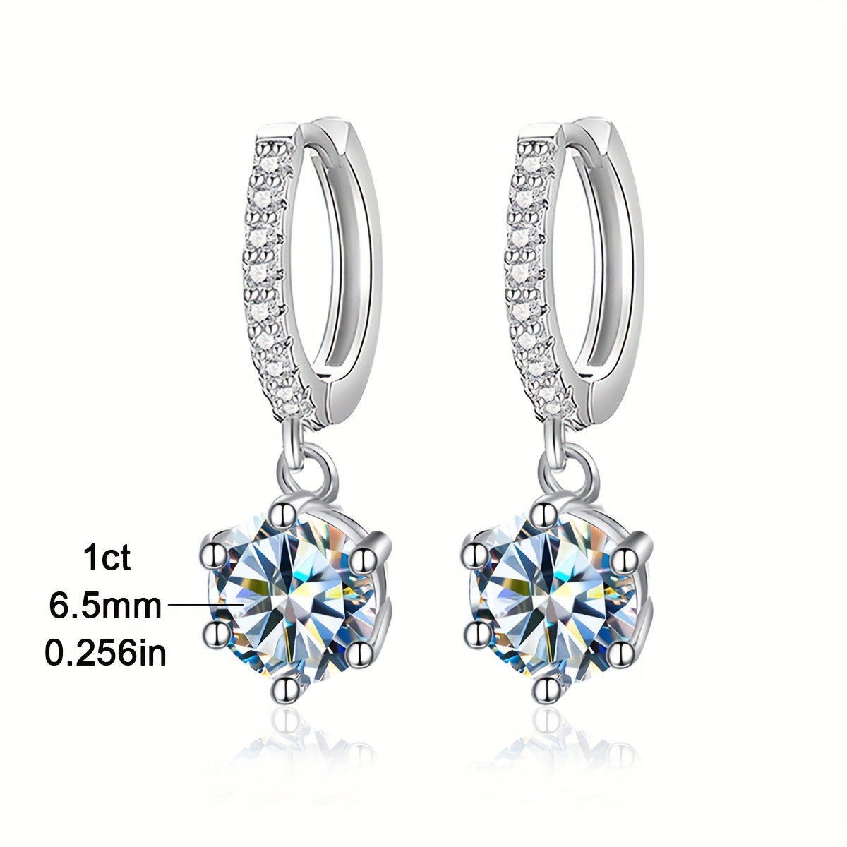 Sparkling 1CT Moissanite Earrings (1CT*2pcs=2CT, Silvery Weight Approximately 2.6g), perfect for weddings or Valentine's Day. Made of 925 Pure Silver with a six-claw design, these earrings exude a noble luxury. The ultimate gift for your loved one.