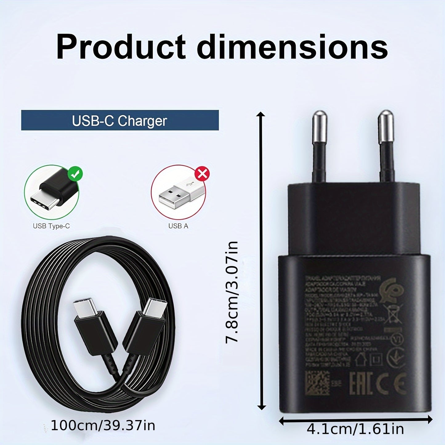 Зарядное устройство Samsung Быстрая зарядка 25W с USB C настенным зарядным устройством и кабелем Type C для Samsung/S23/S22/S21/S20/Ultra/Plus/FE, Note 20/10, A54/A53, iPhone15/16