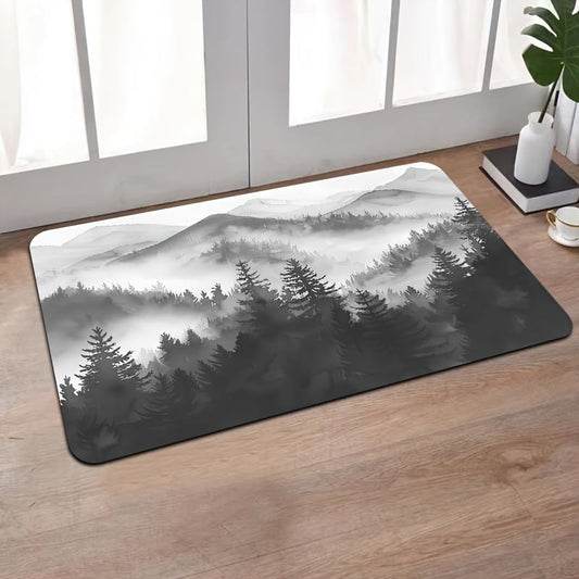 Forest Big Mountain Pattern Bathroom Carpet with Foam Cushion and Skid-Proof Bottom for Kitchen, Living Room, Bedroom, and Indoor Spaces. Machine Washable Entrance Doormat for Home Decor.