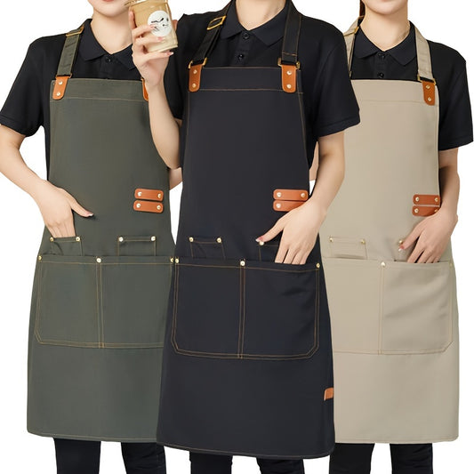 Versatile waterproof canvas apron with faux leather accents, perfect for kitchen, catering, and milk tea shops. Features durable polyester construction and stylish solid color design.