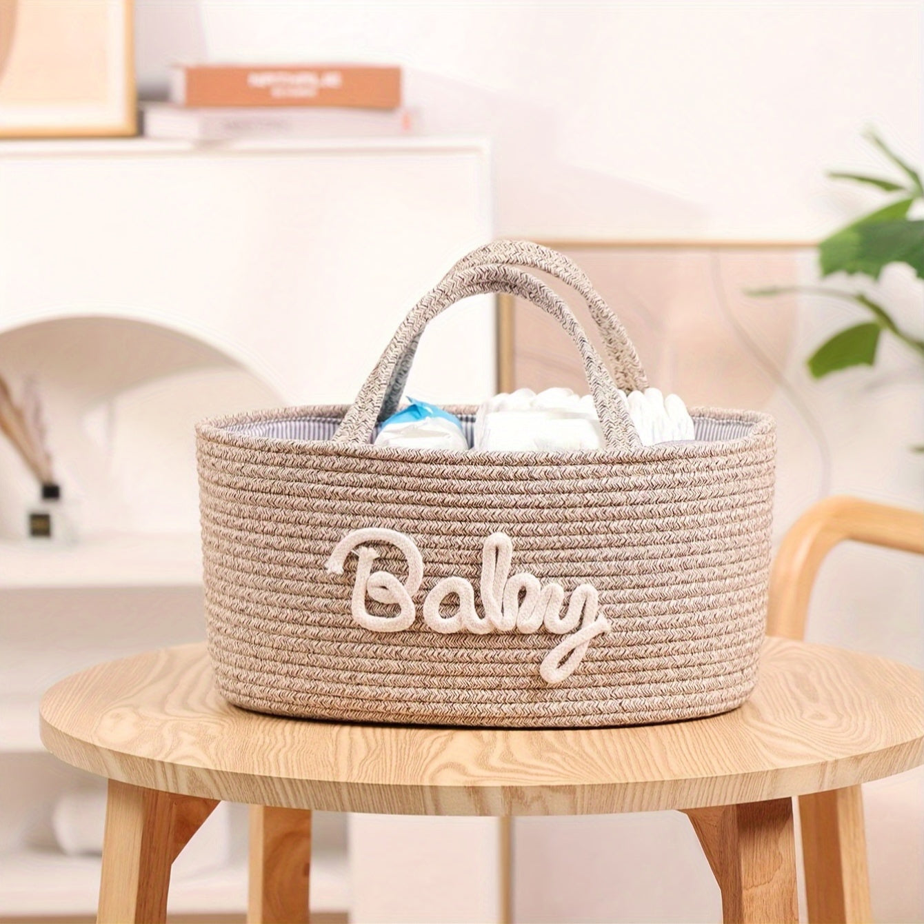 Storage basket made of cotton rope with lettered design, featuring a detachable inner basket for separating dry and wet items. Can be used as a hand-held storage solution.