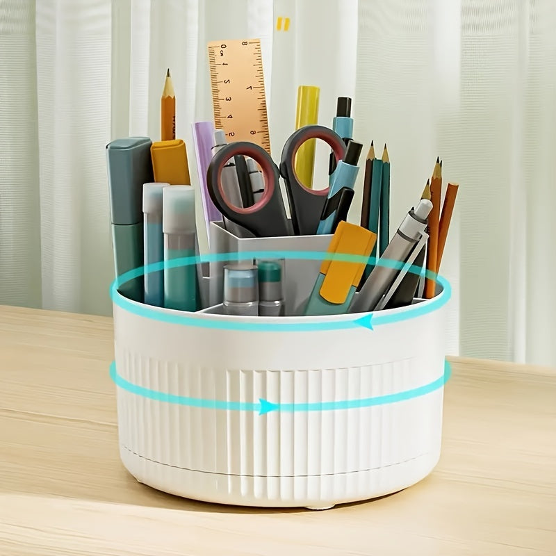 360° Rotating Cosmetic Organizer - Multi-functional makeup storage box for skincare and beauty supplies, with multiple compartments and a pen holder.