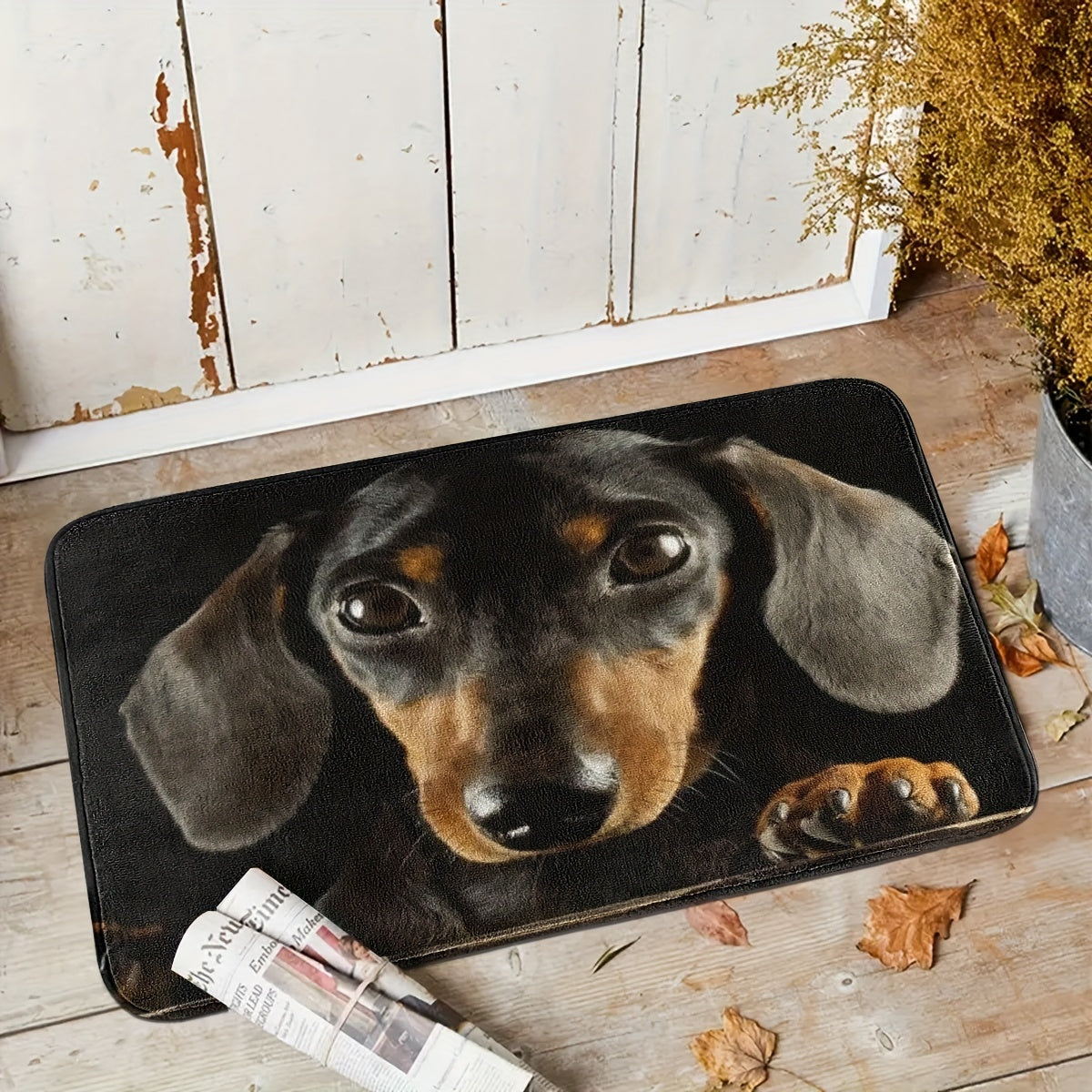 Machine washable, soft and absorbent Black Dachshund Dog Print Door Mat with non-slip backing for home entrances.