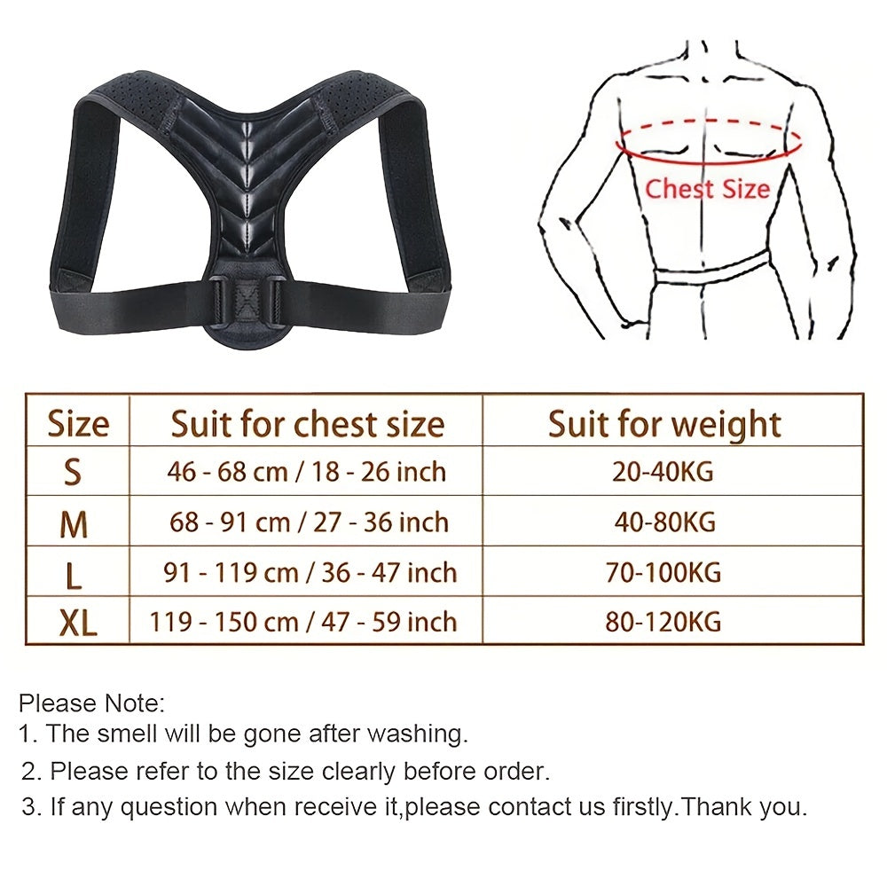 Adjustable back brace for women and men improves posture and supports shoulders. Comfortable and breathable design.