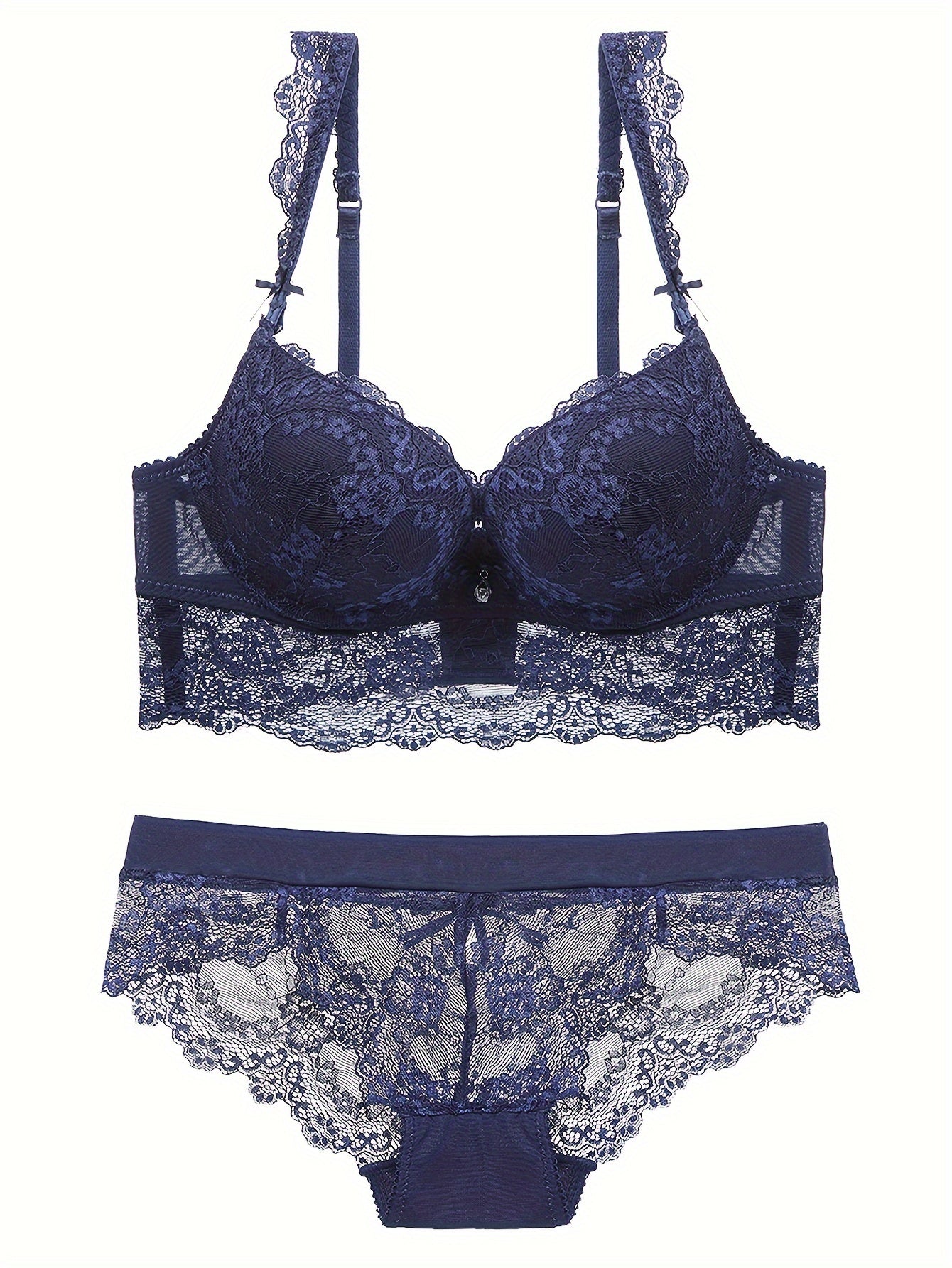 Women's bra set with sexy lace, push-up design, and thick cups made of high-quality material for small chests.