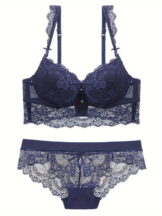 Women's bra set with sexy lace, push-up design, and thick cups made of high-quality material for small chests.