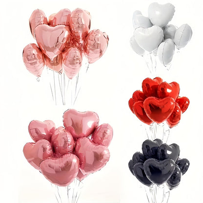 10 heart-shaped foil balloons for Valentine's Day, birthdays, weddings, anniversaries, themed events, engagements, and parties.